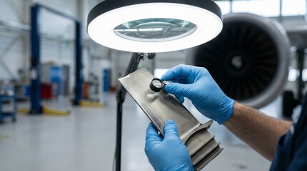 Aircraft Technician Inspecting Jet Engine Turbine Blade with Magnifying Glass in Aviation Hangar
