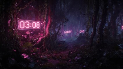 Neon Time Display in a Dark, Enigmatic Forest.
