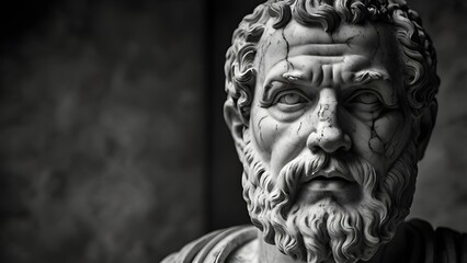 Fototapeta premium Ancient Roman emperor marble statue, stern face, thick beard, cracked marble texture, low-key lighting, monochrome black and white