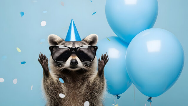 Raccoon in party hat and sunglasses celebrates with blue balloons