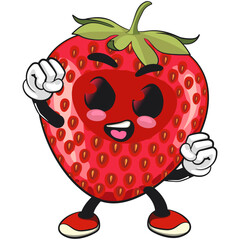 cute strawberry cartoon mascot character excited by punching upwards vector illustration, work of hand drawn