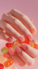 Close-up of human hands gently holding a translucent gummy object, elastic jelly texture visibly compressed