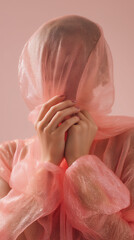 Mid-body fashion shot without face, model wearing soft gummy-textured clothing or accessories