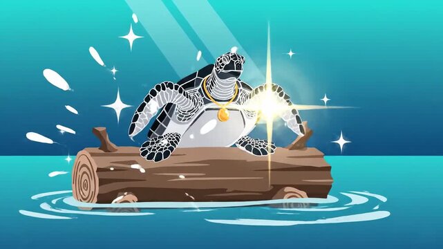 Animated Sea Turtle Relaxing on A Log Cartoon Style Stock Footage Clip for Kids Content
