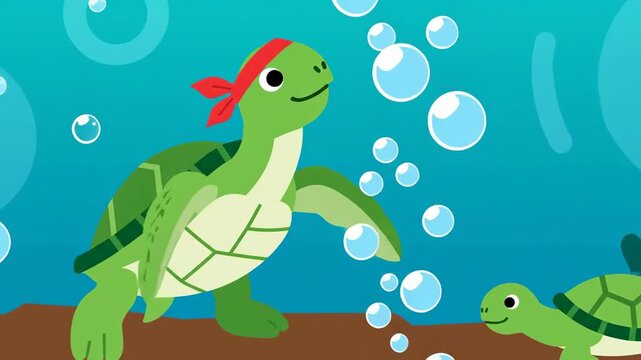 Animated Sea Turtles Swimming Underwater With Bubbles And Seaweed Background Animation Video