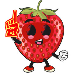 cute strawberry cartoon mascot character raise foam finger vector illustration, work of hand drawn