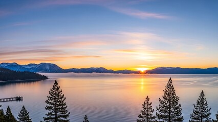Serene lake at sunset with mountains.