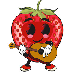 cute strawberry cartoon mascot character playing guitar smiling vector illustration, work of hand drawn