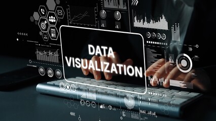 Futuristic Data Visualization Concept with Hands on Keyboard and Digital Elements for Business Analysis and Technology. Asymptotic smart data analytic.