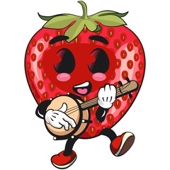cute strawberry cartoon mascot character playing music with banjo smiling vector illustration, work of hand drawn