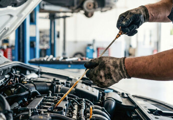 Ein Automechaniker pr&uuml;ft den &Ouml;lstand eines Autos in der Werkstatt