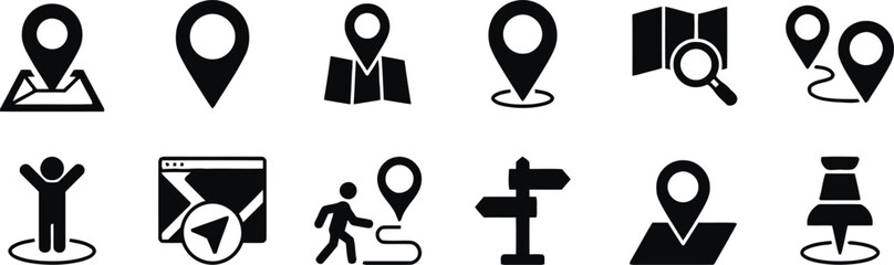 location, map, icon, navigation, direction, pin, pointer, geotag, geopoint, travel, vector, illustration, graphic, symbol, sign, gps, position, place, search, online map, route, pointer arrow, map pag © Baizid