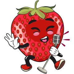 cute strawberry cartoon mascot character sing with style vector illustration, work of hand drawn