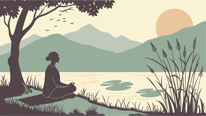 Serene Woman Meditating by Lake at Sunrise for Wellness Retreat Promotion Peaceful Nature Background for Yoga Studio Website Design