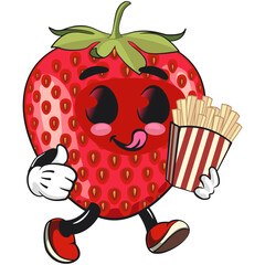 cute strawberry cartoon mascot character brought a box of french fries vector illustration, work of hand drawn