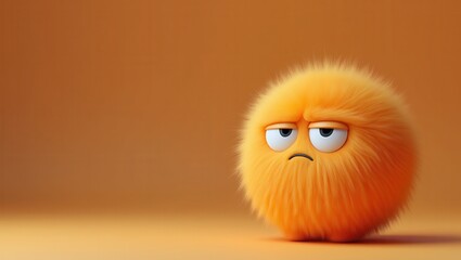 A fluffy orange character with a round shape displays a grumpy expression, set against a warm, soft background, creating a playful yet moody atmosphere for visual storytelling