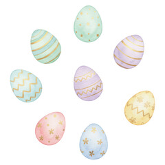 Watercolor Pastel Easter Eggs With Golden Patterns featuring painted colorful shells with gold ornament stripes and dots for spring holiday celebration or greeting card design.