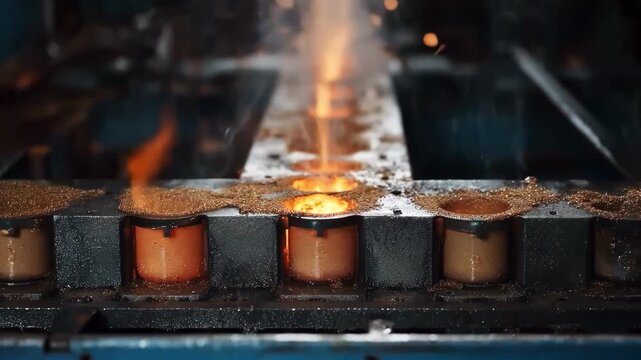 Midrange footage capturing hotbox core making with glowing resincoated sand being cured rapidly in mold assembly line.