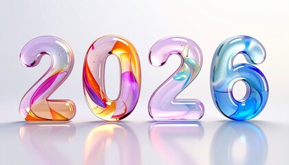 Glossy 3D “2026” digits with translucent gradient colors on white background, celebrating a modern milestone.