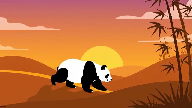 Animated Panda Bear Hiking Through Rolling Hills At Sunset Cartoon Style Loop