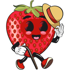 cute strawberry cartoon mascot character walk with a stick and saluting with raised hat smiling vector illustration, work of hand drawn