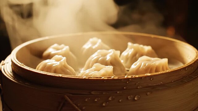 Steaming dumplings in a traditional bamboo steamer basket. Hot Asian cuisine with rising steam and water droplets. Close-up of fresh dim sum or momos ready to eat