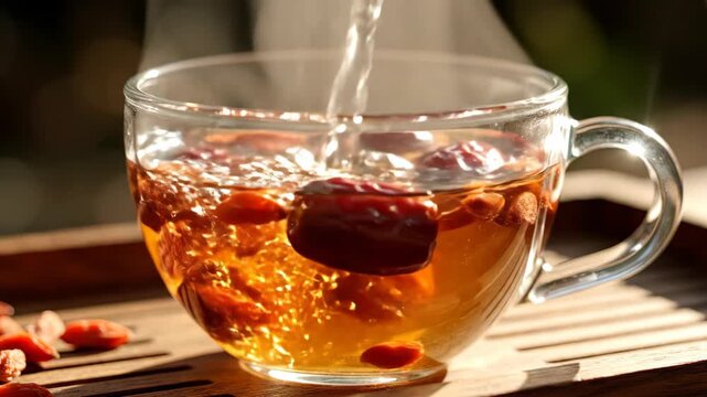 Pouring hot water into a glass cup with goji berries and red dates. Making a traditional Chinese herbal jujube tea for health and wellness