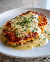 Cheesy baked chicken cutlet in creamy sauce close up