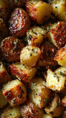 Roasted garlic potatoes with herbs close up