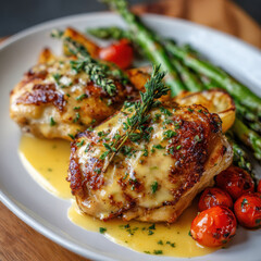 Honey butter chicken with herbs and vegetables on plate