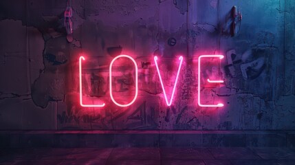 Neon love sign on grunge wall for Valentine day celebration or urban decor