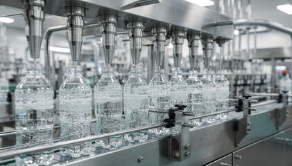 Row of precision nozzles filling clear sparkling beverage bottles on fastmoving conveyor highlighting clean efficient soft drink production in a modern factory environment.