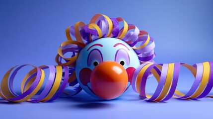 Inflatable clown nose with rolled streamer on purple backdrop