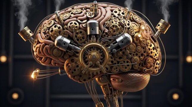 A seamless loop animation of a steampunk mechanical brain packed with rotating gears, pistons, and clockwork details, symbolizing creativity, intelligence, innovation, problem solving, and complex eng