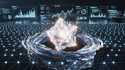 Glowing data core surrounded by swirling energy vortex digital grid with multiple analytics displays and charts futuristic neural network visualization conveying dynamic intelligence and motion - Powered by Adobe