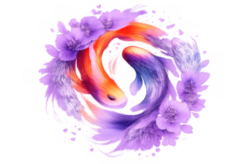 Two koi fishes symbolizing yin yang harmony and balance, swimming in a vibrant circular watercolor flow with ethereal flowers