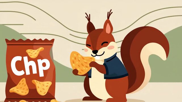 Animated Squirrel Adorably Enjoys A Bag Of Chips In Playful Cartoon Style Animation
