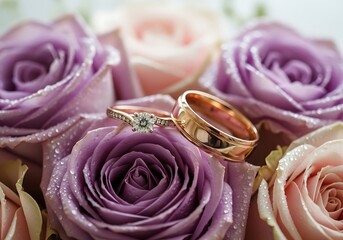 Romantic Rose Gold Wedding Rings: Diamond Engagement Band Amid Dewy Lavender & Blush Roses