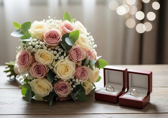 Romantic Pink & White Rose Bridal Bouquet Beside Open Engagement Ring Boxes: Eucalyptus Accents & Bokeh Glow