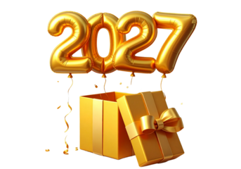 Festive 2027 Golden Balloons and Wrapped Gift Box Transparent