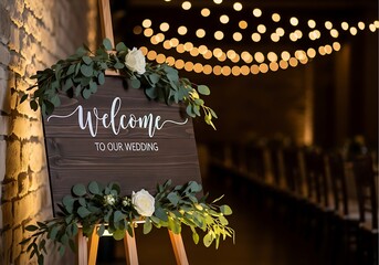 Rustic Wooden Wedding Welcome Sign: Elegant Calligraphy with Eucalyptus Greenery & White Roses Amid Bokeh Lights