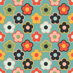 Retro floral background with a seamless mid century floral pattern. Colorful vintage flowers in a mod floral design inspired by 60s and 70s flower power style, perfect for commercial design use. 