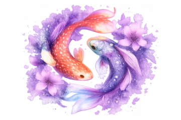 Pisces zodiac sign watercolor drawing with swimming koi fish and purple flowers, astrology symbolism