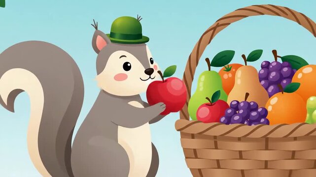 Animated Squirrel Character Displaying Fresh Fruits In A Basket At The Market Stall