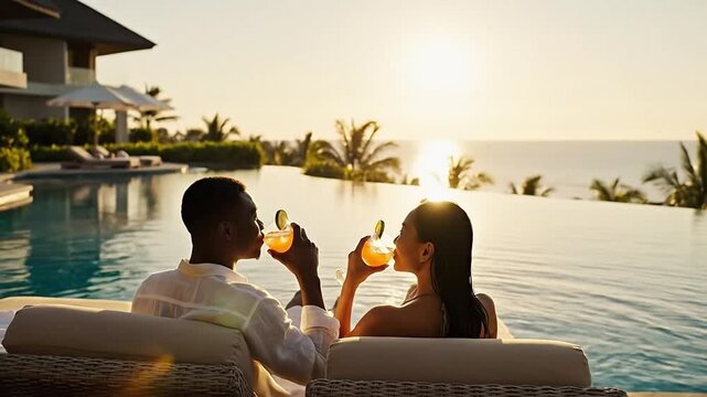Happy diverse couple enjoying romantic golden hour at luxury resort infinity pool with refreshing cocktails
