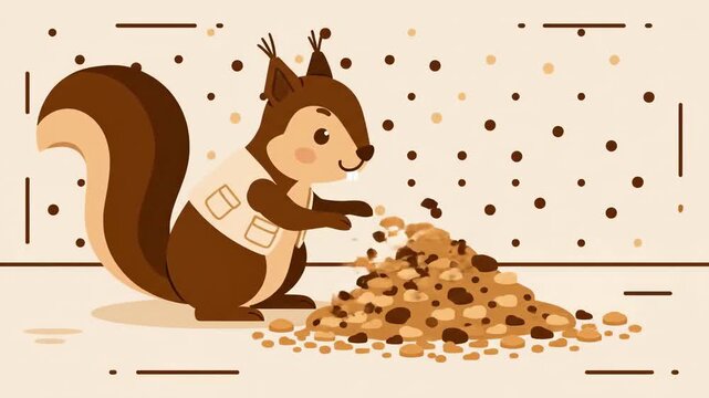 Animated Squirrel Character With Nuts Pile On Cartoon Style Video Background Loop