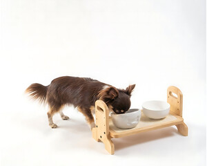 Small Dog Eating from Elevated Feeding Bowl on White Background
