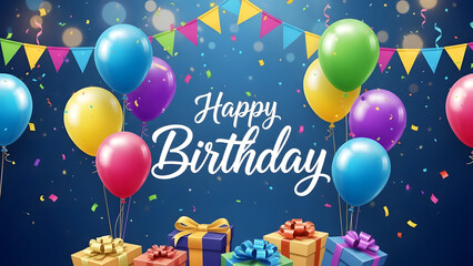 Vibrant birthday celebration with balloons and gifts