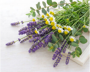 Lavender and Chamomile Flowers with Eucalyptus on White Wooden Background 