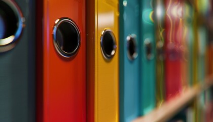 Colorful binders arranged neatly on a shelf creating a visually appealing and organized workspace